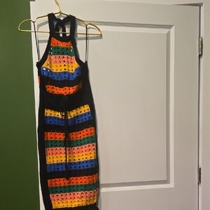 Colorful Striped Crochet Midi Halter Dress